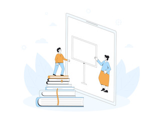 Home schooling. Tutor. Online personal education for kids. Digital learning. Female teacher and  young student in virtual classroom have a lesson. Video course. Vector line art illustration.