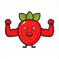cute strawberries mascot with strong muscles, strawberry vector eps 10 character on white background