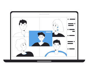 Online education. Digital learning. People talking to each other on computer screen. Teacher and students. Internet webinar or online video training. Vector line art illustration.