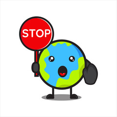 mascot cute globe with stop sign, character, illustration of globe, vector eps 10 on white background