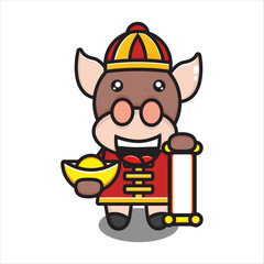 cute cow holding gold and badge, cute cow mascot in chinese new year vector eps 10
