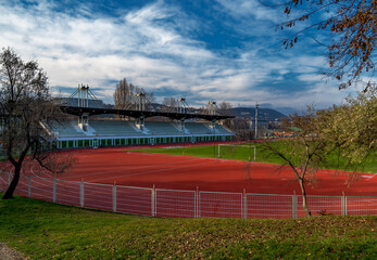 View of the empty Athletics Stadium, at Margaret Island, Budapest