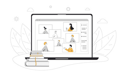 Webinar. Online education. Digital learning. People talking to each other on computer screen. Teacher and students. Internet lecture or online video training. Vector color line art  illustration.
