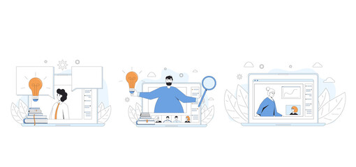 Online education set. Digital learning collection concepts. Teacher gives webinar or online video training. Vector  line art flat illustration.