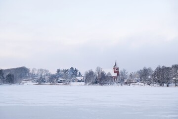 Panorama of Kahubian village Przywidz in beautiful winter scenery, Poland