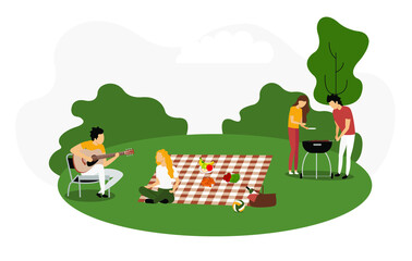 A group of friends at a picnic. People cook and sing. Illustration in flat style