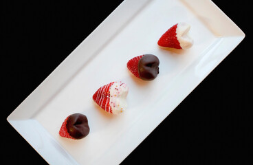 Heart Shape Strawberry Covered Chocolate on Rectangle White Plate on White Background