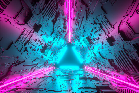 3D Illustration. Futuristic sci-fi tunnel corridor with neon lights. Futuristic and Sci-Fi concept.