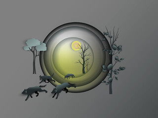Vector drawing of Paper art of night autumn, spring or summer landscape with a flock of wolves or wild dogs hunting in a moonlit night. The concept of nature conservation, travel, hunting, other. 