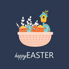 Happy Easter greeting card. Cute Vector illustration with colorful wreath of flowers, eggs and rabbit. 