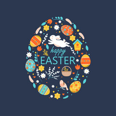 Happy Easter greeting card. Cute Vector illustration with colorful wreath of flowers, eggs and rabbit. 