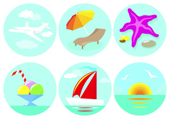 Set of 6 round icons on a blue background about rest and vacations
