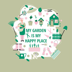 Garden is my happy place lettering phrase and gardening equipment collection. Garden elements: flower, grass, leaves, boots, pitchfork, spade, watering can, gloves. Senior Woman Gardening Hobby. Aged 