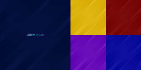 Set of abstract yellow, red, purple, blue background stripes geometric diagonal motion lines.