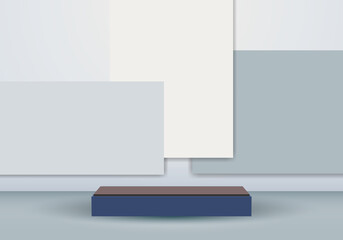 3D blue podium minimal gray geometric scene background.