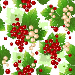 Seamless pattern featuring bunches of red and white currant berries and green leaves on a white background. Vector.