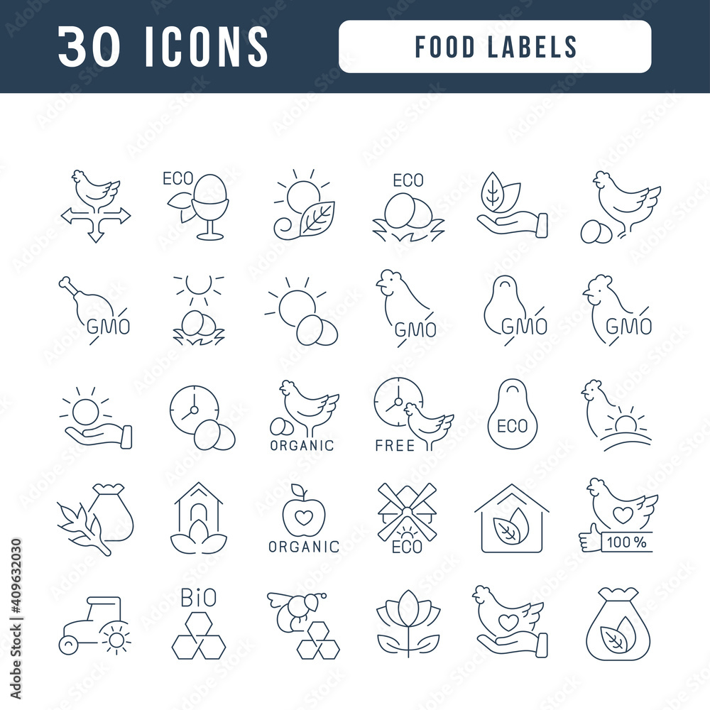 Poster set of linear icons of food labels