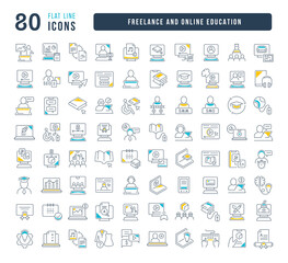 Set of linear icons of Freelance and Online Education