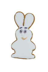 Gingerbread cookie in shape of bunny isolated on a white background