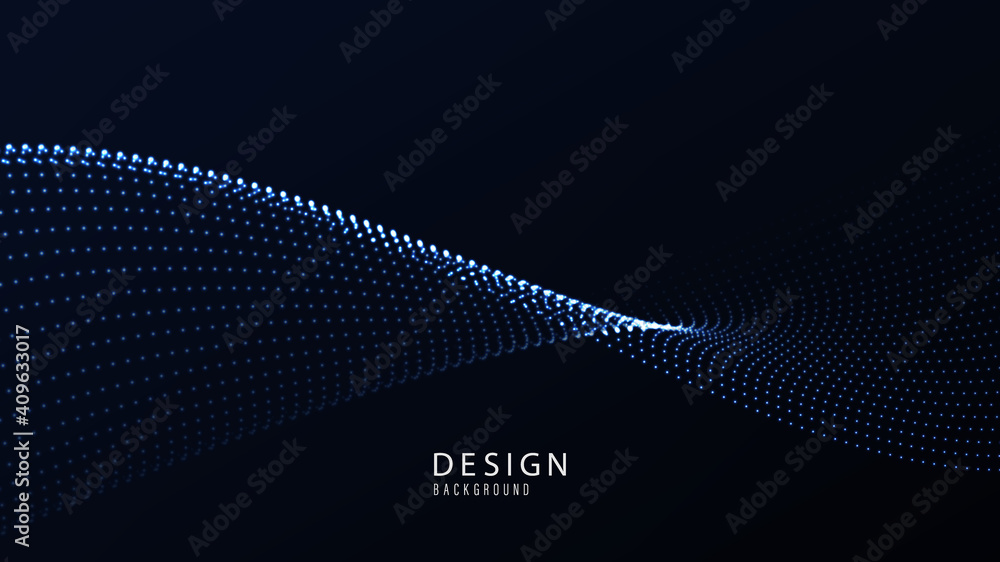 Poster dynamic particles wave flowing over dark. beautiful wave shaped array of glowing dots.