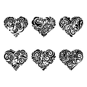 Set stencil hearts with patterns of leaves and flowers. Template for interior design, invitations, etc. Vector illustration. Sticker set. Pattern for the laser cut, serigraphy, plotter and screen