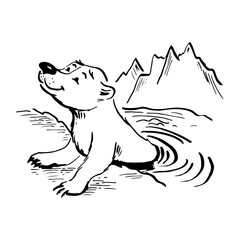 polar bear in water. ink vector sketch
