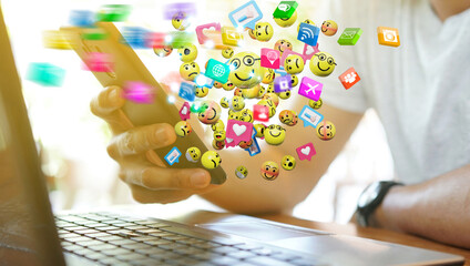 Man using smartphone sending text messages emoticon icons. Social network concept, 3d rendering