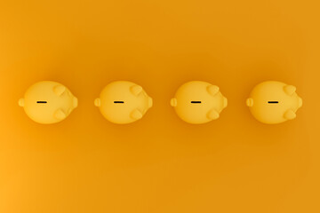 Row Yellow pig Banks in top view on colorful background. Concept of saving money.