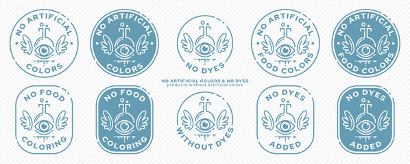 Concept stamps for product packaging - no artificial colors. The flask is an eye with wings and a line of an ingredient flowing out - a symbol of liberation from synthetic components. Vector