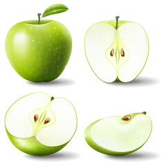 Set of isolated colored green apple half, slice and whole juicy fruit on white background. Realistic fruit collection.