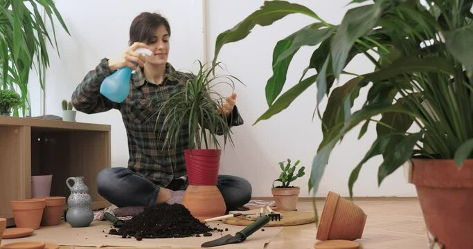 Young female watering plant at home. Hobby and leisure activity at home. Greenhouse concept.
