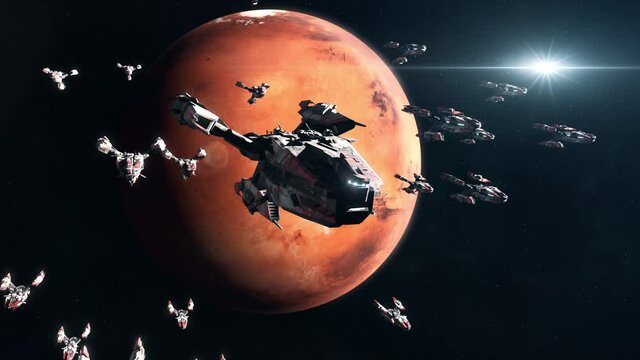 Sci-Fi Battleship Fleet in Mars Orbit