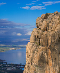 View of the Sea of Galilee from high cliff of Mount Arbel National Park and Nature Reserve; Lower Galilee, Israel