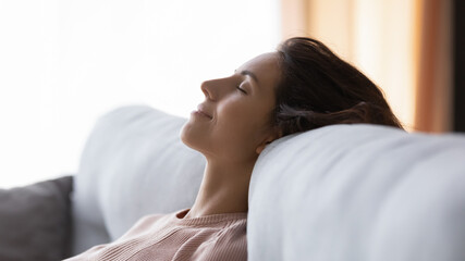 Side close up head shot view tranquil young pretty woman sleeping lying on comfortable couch,...