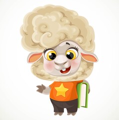 Cute cartoon fluffy lamb with a book under his arm isoalted on white background