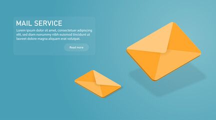 Yellow 3d vector mail icon. Isometric email sending illustration. Mailing letters service concept.