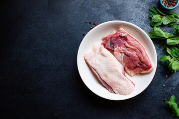 duck breast raw meat poultry barbecue grill portion on the table meal snack outdoor top view copy space for text food background rustic image keto or paleo diet