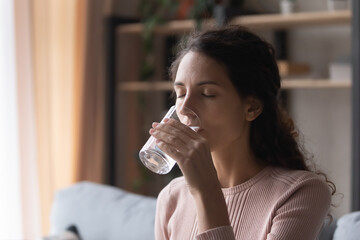 Head shot happy young caucasian woman drinking glass of fresh pure mineral water, sitting on comfortable sofa at home. Peaceful millennial lady enjoying healthcare morning daily habit indoors.