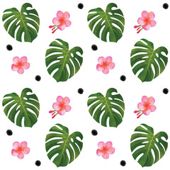 Tropisch naadloos patroon met monsterabladeren en hibiscusbloemen en punten. Modieuze zomer achtergrond. Hawaiiaanse t-shirt en badmode textuur.