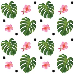 Lichtdoorlatende rolgordijnen Tropische planten Tropisch naadloos patroon met monsterabladeren en hibiscusbloemen en punten. Modieuze zomer achtergrond. Hawaiiaanse t-shirt en badmode textuur.