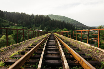 Beautiful landscape with a railway bridge on a background of mountains with coniferous forest. The railway runs through the mountains. Railway bridge in the mountains.