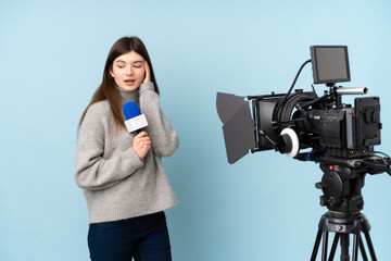 Young reporter woman holding a microphone and reporting news laughing