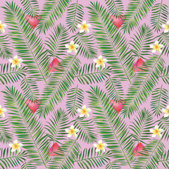 Fototapeta na wymiar Tropical seamless pattern with palm leaves and plumeria flowers, rose hearts. Fashionable exotic summer background. Hawaiian t-shirt and swimwear textile.