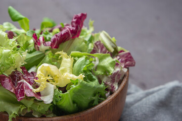 Salad mix leaves background. Fresh salad pattern with rucola, purple lettuce, spinach, frisee and chard leaf