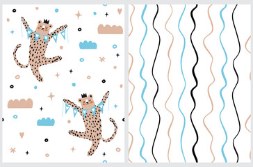 Cute Seamless Vector Patterns with Brown Leopard Isolated on a White Background. Wavy Stripes Print. Wild Cat Holding Party Bunting Flags with Hearts, Dancing Among Clouds and Stars. 