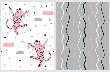 Cute Seamless Vector Patterns with Pink Leopard Isolated on a White Background. Wavy Stripes Print. Wild Cat Holding Party Bunting Flags with Hearts, Dancing Among Clouds and Stars. 