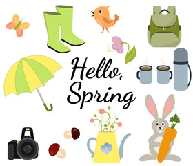 Hello spring set for postcard, poster, banner. Vector illustration for design.