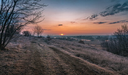 Winter moring among fields