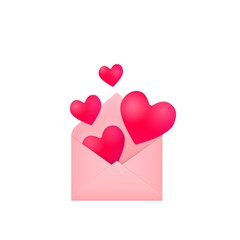 flying and falling red hearts from open pink paper envelope, festive stock vector illustration design element isolated on white background