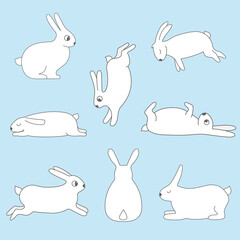 Set rabbits white on a blue background cute little animals sleep jump sit vector illustration.